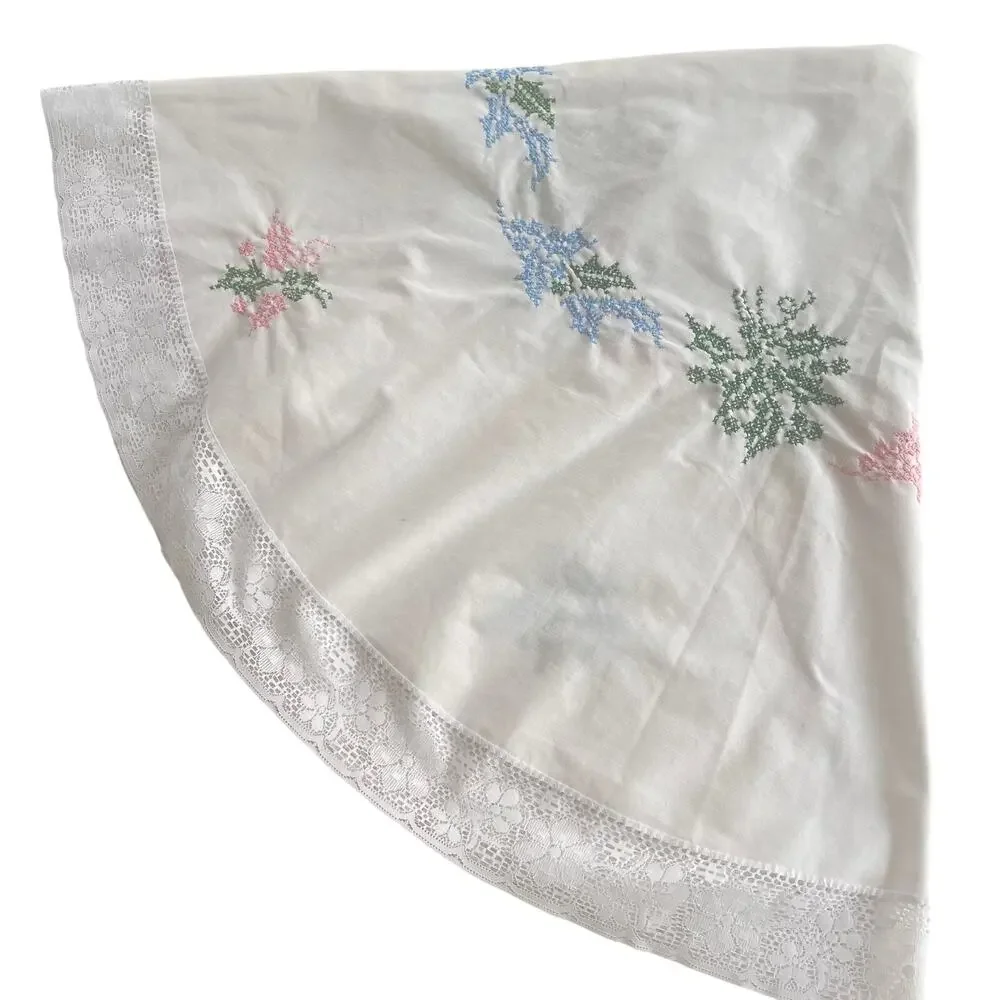 Vintage Hand Cross-Stitched Round Tablecloth 64” White Lace Trim Cottagecore